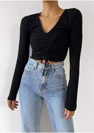 100% cotton yarn crochet crop top net see through black white fishnet mesh tee. Rib Knit Ruched Crop Jumper In Black Outfitbook