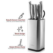 Holds 12 knives plus knife sharpener (not included). Laxinis World Universal Knife Block Stainless Steel Modern Rectangular Design With Scissors Slot Knife Holder Counter Top Storage Holds 12 8 Blade Knives 9 1 By 4 Pricepulse