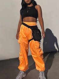 Black And Orange Cargo Pants Orange Pockets High Waisted Boyfriend Sports Going Out Casual Long Cargo Pants Rave Outfits Fashion Club Outfits For Women