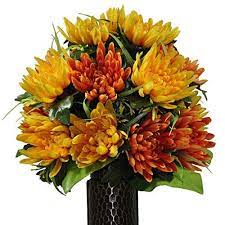 Amazon Com Orange Fuji Mum Silk Flower Bouquet With Stay In The Vase Design Flower Holder Artificial Bouquet Artificial Flowers Decor Wooden Flower Bouquet