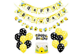A bee theme is great for a gender reveal party. Dick Smith Bumble Bee Party Supplies Happy Bee Day Banner Cake Topper And Bee Balloons For Bumble Bee Themed Baby Birthday Party Decorations Home Garden Parties Occasions
