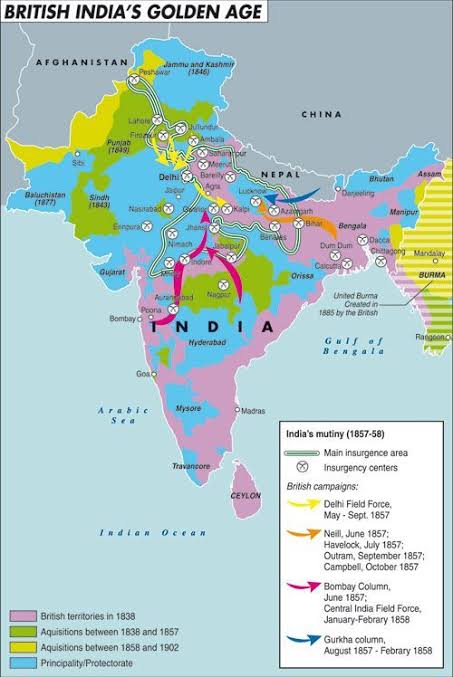 The map illustrates the situation in India during the XIX century, with the territories occupied by the British, the various acquisitions that took place, and the British campaigns of mid-century. By Laura