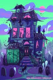 Haunted House Neon Monster Party Nights 8x12 Art Print Etsy Halloween Illustration Haunted House Drawing Halloween Wallpaper