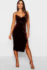 Boohoo Velvet Cowl Neck Midi Dress In Chocolate Brown Lyst