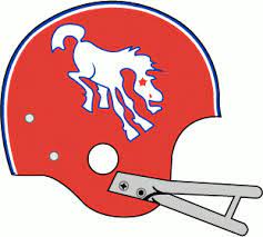 Denver Broncos Helmet 1966 Orange Helmet White Bucking Bronco With Blue And White Stripes Grey F Denver Broncos Helmet Broncos Helmet Denver Broncos Logo