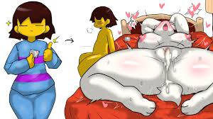 enigi09, frisk (undertale), toriel, undertale, highres, 1boy, 1girl, after  vaginal, aftersex, animal ears, ass, bed, blush, breasts, brown hair,  colored skin, cum, cum in pussy, furry, furry female, furry with non