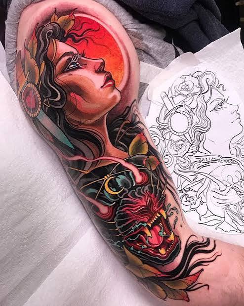 Neo-traditional half-sleeve by the great Isnard Barbosa (@isnardbarbosa). #STYNG - #neotraditionaltattoos #neotraditiona… | Tatuajes de jirafa, Tatuaje hora de aventuras, Tatuajes de rostros