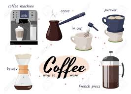 Iced coffee is brewed with hot water which is then cooled by adding ice. Few Ways To Make Coffee Different Mays Of Coffee Preparing Royalty Free Cliparts Vectors And Stock Illustration Image 144656108