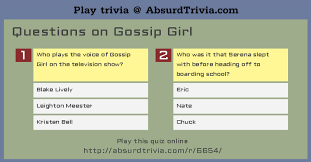 Oct 13, 2021 · well, we've got 250+ trivia questions and answers lined up for you to try to figure out and they span many different categories. Trivia Quiz Questions On Gossip Girl