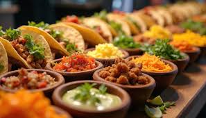 Buffet De Tacos Con Varios Rellenos, Carne, Queso, Salsa, Guacamole, Crema  Agria, Cebollas, Cilantro, Lechuga. Catering Para Fiest Imagen de archivo -  Imagen de familia, acontecimiento: 385703955