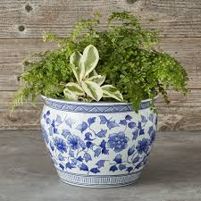 Ceramic planter pot with drainage hole and saucer, indoor cylinder round planter pot, 8 inch, black/speckled tan. Blue White Ceramic Planter Large Williams Sonoma