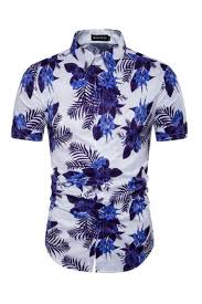 Blue Floral Prints Short Sleeved Shirt In White Mens Casual Outfits Mens Shirt Dress Men Shirt Style