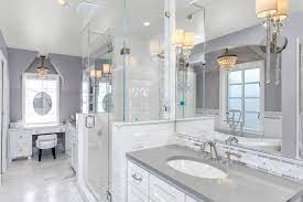 A crisp modern white bathroom idea that leverages the clean horizontals and verticals. Gray And White Bathroom Houzz