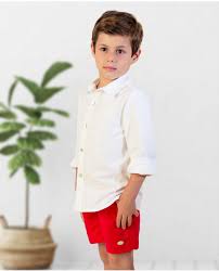 Camisa ancha con cuello mao y cierre frontal con botones. Conjunto Nino Rojo Lino Anabel Moda Infantil