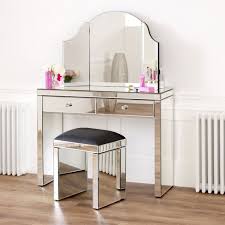 The stunning dressing table led mirrors and padded stools, and the table with drawers are perfect for storing all jewelry, small accessories, and cosmetics. Venetian Mirrored Dressing Table Set With Black Stool The Furniture Market