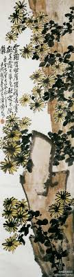 清陈衡恪 菊石图 纵145 2cm 横41cm 辽宁省博物馆 此画写山崖石壁之上 菊花绽吐芳华的景象 菊花从上至下 疏分密布 富有节奏感 山石以粗笔勾出 笔皴很少 菊花以墨笔勾画 多中锋直笔 笔不连而意连 气韵生动 kitajskaya zhivopis zhivopis iskusstvo