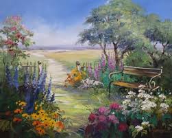 Ute Herrmann German Artist Ein Romantischer Garten Mit Bank Zum Verweilen Und Blick In Die Landschaft Www U Pastell Malerei Kunst Hintergrund Gartenmalerei