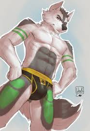 Rule 34 Dev - general:[abs anthro black_body black_fur  blue_background brown_eyes bulge clothing fur fur_markings  green_body green_fur jockstrap looking_at_viewer low-angle_view  male markings multicolored_body ...