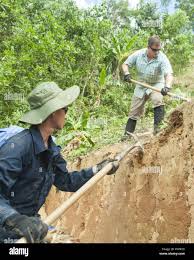 U.S. Army 1st Lt. Joshua Ruth (top), team leader, and Navy Chief Petty  Officer Phuc Le, both assigned to a Defense POW/MIA Accounting Agency  (DPAA) recovery team, shovel soil during excavation operations