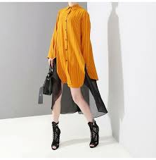 楽天市場 15日だけp14倍 ロングシャツワンピース レディース カラー切替ストライプスカート シャツワンピース 長袖 ボリューム シャツワンピ レディース モード系 上品 大人 キレイ ロングシャツ ロング丈 韓国 モノトーン アシメ とらみ ファッションスタイル