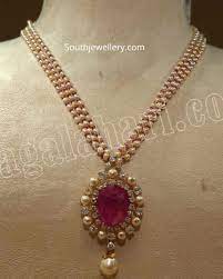 Pearl Necklace With Diamond Ruby Pendant Photo Pearl Necklace Designs Gold Necklace Indian Bridal Jewelry Pearl Jewelry Sets