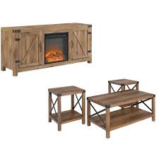 Coffee table shelf is held in place with through sliding dovetails and purple heart or maple plugs. Farmhouse Fireplace Tv Stand With Coffee Table And 2 End Tables Set In Barnwood Walmart Com Walmart Com