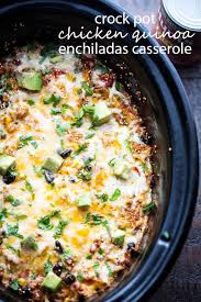 Crock Pot Chicken Quinoa Enchiladas Casserole Packed With Chicken Tomatoes Quinoa And Mor Quinoa Enchilada Casserole Ground Chicken Recipes Chicken Quinoa