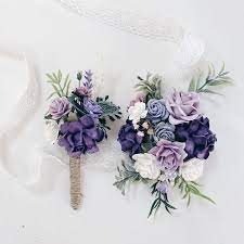 Corsage And Boutonniere Set Boutonnieres For Men Lavender Corsage Wristlet Wedding Flower Bracelet Lilac And White Wrist Corsages Corsage And Boutonniere Set Lilac Wedding Flowers Corsage And Boutonniere