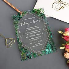 Gold Geometric Greenery Wedding Invitation Boho Watercolor Eucalyptus Wedding Invite Custom Acrylic Wedding Invitation Green Leaves Acrylic Wedding Invitations Acrylic Invitations Wedding Invitations