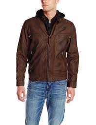 Calvin Klein Men S Faux Lamb Leather Moto Jacket With Hoodie Brown Small Leather Moto Jacket Faux Leather Moto Jacket Moto Jacket