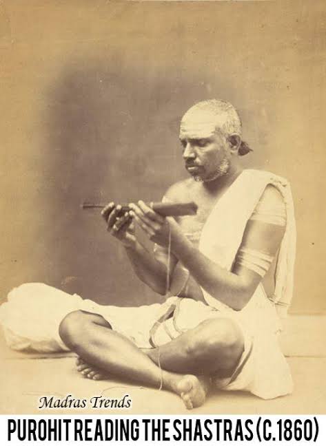 Madras - Portrait of a Vedic Purohit in Madras, taken in the 1860s by an unknown photographer, from the Archaeological Survey of India Collections. A Pundit, or learned Hindu Brahmin, is one
