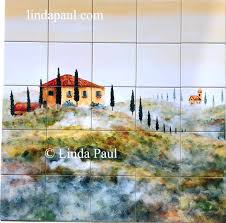 This tile mural artwork is a fresco of a villa located along the mediterranean sea in italy. Tuscan Tile Murals Kitchen Backsplashes Tuscany Art Tiles