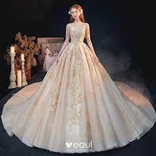 Luxury Gorgeous Gold Bridal Wedding Dresses 2020 A Line Princess V Neck Short Sleeve Backless Appliques Sequins Beading Glitter Tulle Cathedral Train Ruffle Bridal Wedding Dresses Ball Gown Wedding Dress Wedding Dresses