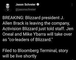 I am confident that jen oneal and mike ybarra will provide the leadership blizzard needs to realize its full potential and will. Iwv Q Eofqgprm