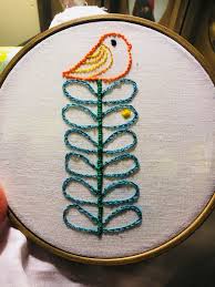 Once mastered you can embroider just about anything! Little Orla Kiely Inspired Bird Mostly Chain Stitch And Back Stitch Embroidery