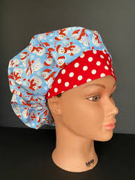 Red and Blue Christmas Snowman Bouffant Surgery Hat