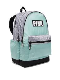 Victoria S Secret Vs Pink Logo Campus Backpack Seafoam Mint Gray Book Bag New Pink Backpack Pink Brand Backpack Campus Backpack Pink