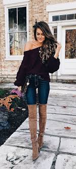 Black Boots With Blue Jeans Womens Off The Shoulder Black Top With Blue Jeans And Taupe Otk Boots Fashion High Knee Boots Outfit Thigh High Boots Outfit