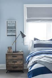 While you may want to forgo the neon walls. Blue And Gray Boy S Bedroom Features A Wall Painted Blue Framing A Window Dressed In A Gray Roman Shade Placed With Images Grey Boys Rooms Blue Boys Bedroom Boys Room Blue