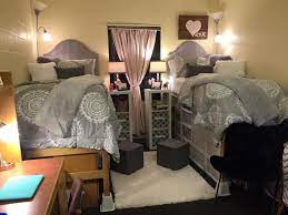 Don't forget as many fur accessories as you can to give off that luxurious vibe. Pink And Grey Dorm Room Dorm Room Decor Pink Dorm Rooms Dorm Sweet Dorm