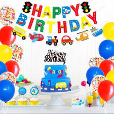 Train birthday party decoration, train garland, baby shower train decorations, choo choo train themed room decoration custom colors. Amazon Com Transportation Birthday Banner And Cake Topper Colorful Traffic Cars Train Themed Kids Birthday Decorations Party Supplies Toys Games