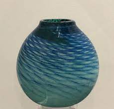 Hand Blown Art Glass Ocean Waves Vase Emerald Green Cobalt Blue Blow Art Glass Art Hand Blown