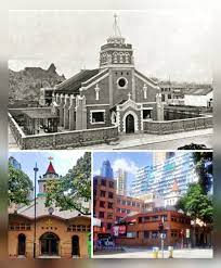 1928年 2019年10月15日平行時空九十一年旺角 芒角 染布房街 諸聖座堂 建成 左邊山丘已不存在 山丘仔在50年代有擺賣金魚攤檔 有街市 有買柴煤 修理汽車 馬路邊有大牌當 對面樓有茶居 餐廳 米舖 士多舖等 諸聖堂 在1928年 history pictures hong