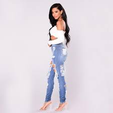 Ripped Jeans Blue Hole High Waisted Distressed Jeans Fashion Casual Jeans