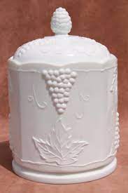 Vintage clp milk glass canisters sugar, coffee & tea fruit designs made england. Vintage Indiana Colony Harvest Grapes Milk Glass Canister Or Biscuit Jar