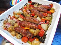 Seriously Simple Sausage Bacon Traybake Recipe Slimming World Sausages Sausage Tray Bake Healthy Recipes