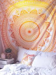 Boho cool, this coral/peachy color center medallion hanging tapestry, will bring life and light into your home. Tangerine Mystic Medallion Tapestry Bohemian Diesel Marketplace Tapestry Bedroom Room Tapestry Orange Room Decor