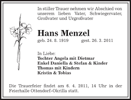 Hans Menzel : Traueranzeige - SZ Trauer