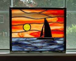 Sailboat Sunset Stained Glass Window Panel Ocean Sunset Stained Glass Stained Glass Patterns Free Stained Glass Windows