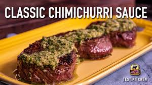 Chimichurri puree 1/2 cup each parsley, cilantro and olive oil, 1 garlic clove and some hot sauce. Steak With Classic Chimichurri Sauce Youtube